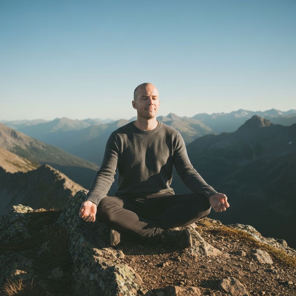 Мушкарац медитира на планинском врху, симбол мира и менталне јасноће